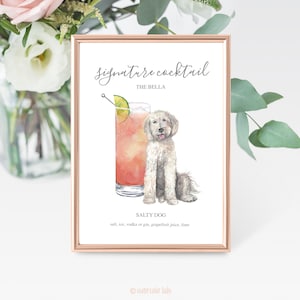 Custom Signature Pet & Drinks Digital Print, Signature Cocktail Sign, Wedding Decor, Watercolor Cocktails, Made to Order, Dog Pet Portrait