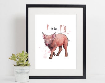 P is for Pig Digital Art Instant Download Printable Wall Art Nursery Decor Newborn Boy or Girl Child Watercolor Country Decor Farmhouse