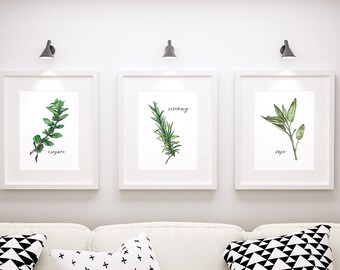 Herb Print Set of 3 Digital Art Instant Download Gift for Her Home Kitchen Decor Watercolor Printable Chef Cook Herbs Rosemary Sage Oregano
