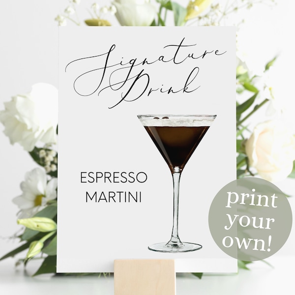 Espresso Martini Signature Drink Digital Print, Signature Cocktail Sign, Wedding Decor, Printable, Watercolor Cocktails, Vodka Coffee Drink