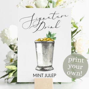 Stampa digitale del drink Mint Julep Signature, cartello del cocktail Signature, decorazione per matrimonio, cocktail acquerello stampabile, cartello del drink del Kentucky Derby