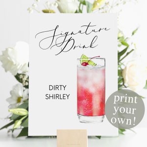 Dirty Shirley Temple Signature Drink Digital Print, Signature Cocktail Sign, Wedding Printable Watercolor Cocktail, Grenadine Cocktail Sign