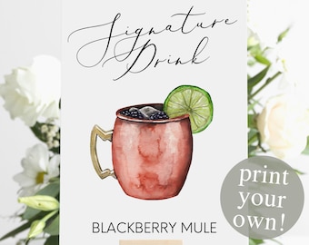 Blackberry Mule Signature Drink Digital Print, Signature Cocktail, Wedding Printable Watercolor Cocktail, Copper Mug Tequila Mule with Lime