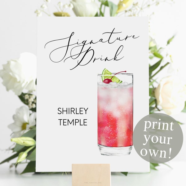 Shirley Temple Signature Drink Digital Print, Signature Cocktail Sign, Wedding Printable Watercolor Cocktail, Grenadine Cocktail Sign