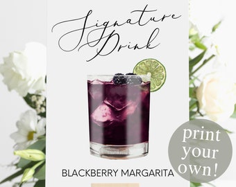 Blackberry Margarita Signature Drink Digital Print, Signature Cocktail, Wedding Printable Watercolor , Black Margarita Cocktail with Lime