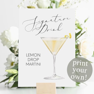 Lemon Drop Martini Signature Drink Digital Print, Signature Cocktail Sign, Wedding Decor, Watercolor Vodka Cocktail, Print your own