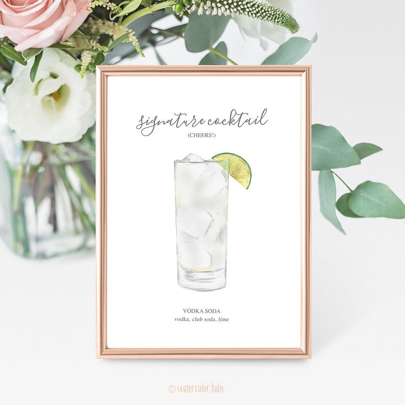 Custom Signature Drinks Digital Print, Signature Cocktail Sign, Wedding Decor, Printable, Watercolor Cocktails, Made to Order image 3