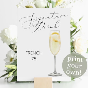 French 75 Signature Drink Digital Print, Signature Cocktail Sign, Wedding Decor, Printable, Watercolor Cocktails, Lemon Champagne Drink