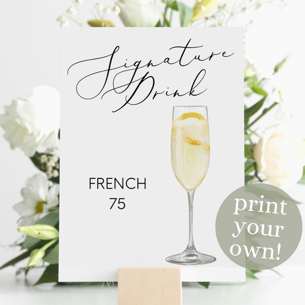 French 75 Signature Drink Digital Print, Signature Cocktail Sign, Wedding Decor, Printable, Watercolor Cocktails, Lemon Champagne Drink