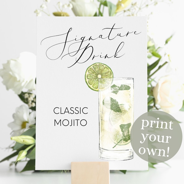 Classic Mojito Signature Drink Digital Print, Signature Cocktail Sign, Wedding Decor, Printable, Watercolor Cocktails, Mint & Lime Drink