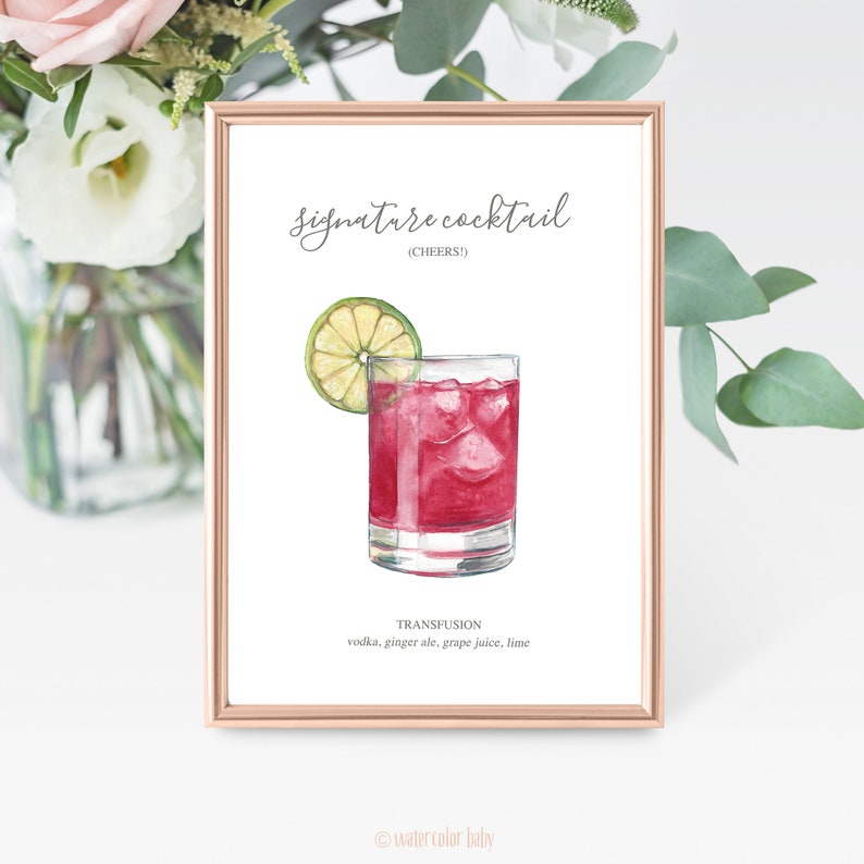 Custom Signature Drinks Digital Print, Signature Cocktail Sign, Wedding Decor, Printable, Watercolor Cocktails, Made to Order image 1