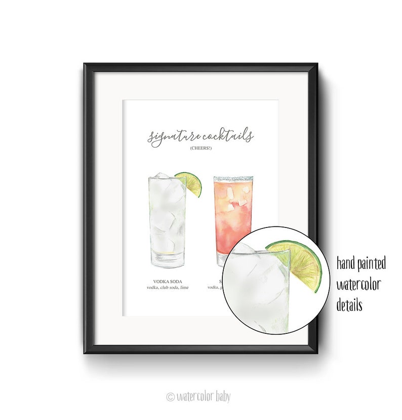 Custom Signature Drinks Digital Print, Signature Cocktail Sign, Wedding Decor, Printable, Watercolor Cocktails, Made to Order image 5