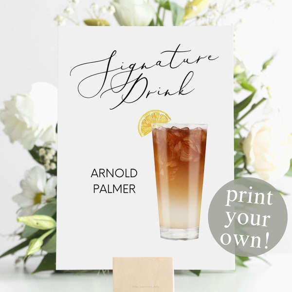 Arnold Palmer Signature Drink Digital Print, Signature Cocktail Sign, Wedding Decor, Printable, Watercolor Cocktails, Hard Lemonade Tea