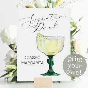 Impression numérique de boisson signature Margarita classique, enseigne de cocktail signature, décoration de mariage, imprimable, cocktails aquarelle, forme de verre cactus
