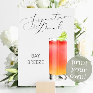 Impression numérique de la boisson signature Bay Breeze, enseigne de cocktail signature, décoration de mariage, imprimable, cocktails aquarelle, boisson tropicale