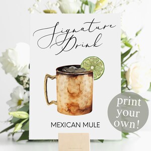 Mexican Mule Signature Drink Digital Print, Signature Cocktail, Wedding Printable Watercolor Cocktail, Copper Mug Tequila Mule with Lime