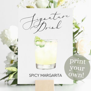 Impression numérique de boisson signature Margarita épicée, enseigne de cocktail signature, décoration de mariage, imprimable, cocktails aquarelle, margarita jalapeño