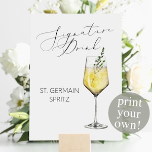 Stampa digitale del drink esclusivo St. Germain Spritz, cartello per cocktail esclusivo, cocktail acquerello stampabile per matrimonio, bicchiere da vino per cocktail al gin