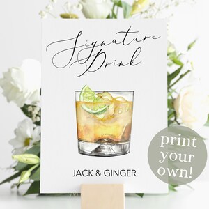 Whiskey & Ginger Signature Drink Digital Print, Signature Cocktail Sign, Wedding Decor, Printable Watercolor Cocktail, Whiskey Cocktail Sign