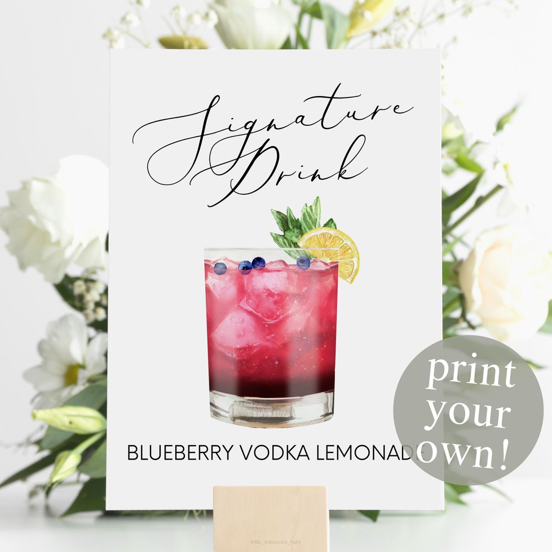 Blueberry Vodka Lemonade Signature Drink Digital Print, Signature Cocktail, Wedding Printable