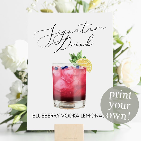 Blueberry Vodka Lemonade Signature Drink Digital Print, Signature Cocktail, Wedding Printable Watercolor Cocktail, Berry Lemonade Drink Mint