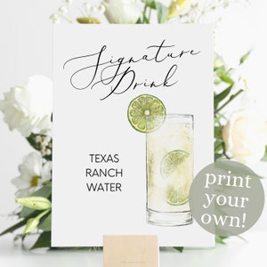 Signature Texas Ranch Water Drink Digital Print, Signature Cocktail Sign, Wedding Sign, Printable, Watercolor Cocktail, Tequila, Topo Chico