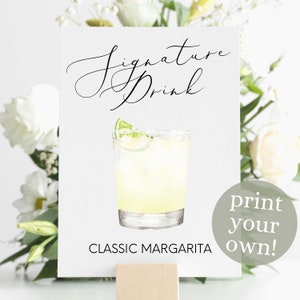 Impression numérique de boisson signature Margarita classique, enseigne de cocktail signature, décoration de mariage, imprimable, cocktails aquarelle, boisson mexicaine