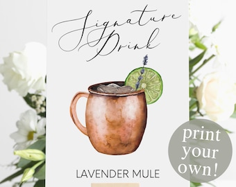 Lavender Mule Signature Drink Digital Print, Signature Cocktail, Wedding Printable Watercolor Copper Mug Tequila Mule with Lime and Lavender