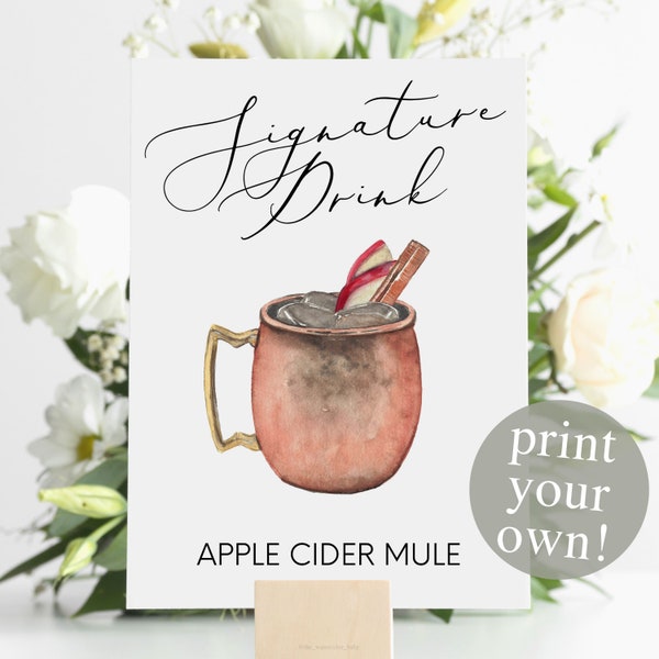 Apple Cider Mule Signature Drink Digital Print, Signature Cocktail Sign, Wedding Decor, Printable Holiday Cocktail, Copper Cup Mule