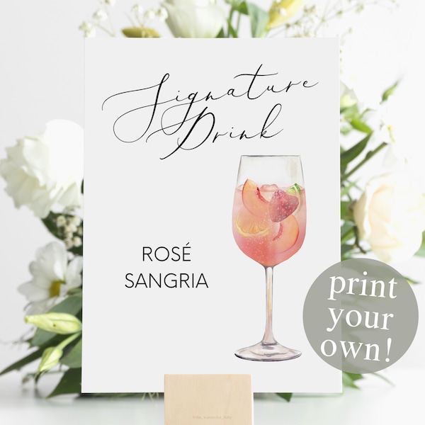 Rose Sangria Signature Drink Digital Print, Signature Cocktail, Wedding Printable Watercolor Cocktail, Wine and Fruit Pink Sangria Drink