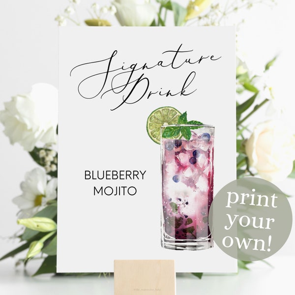 Blueberry Mojito Signature Drink Digital Print, Signature Cocktail Sign, Wedding Decor, Printable, Watercolor Cocktails, Tropical Drink