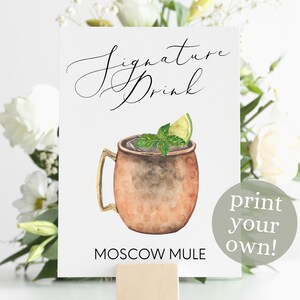 Classic Moscow Mule Signature Drink Digital Print, Signature Cocktail Sign, Wedding Decor, Printable Watercolor Cocktail, Copper Cup Mule