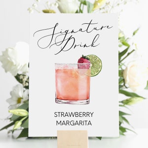 Strawberry Margarita Signature Drink Digital Print, Signature Cocktail Sign, Wedding Decor, Printable, Watercolor Cocktails, Mexican Drink image 1