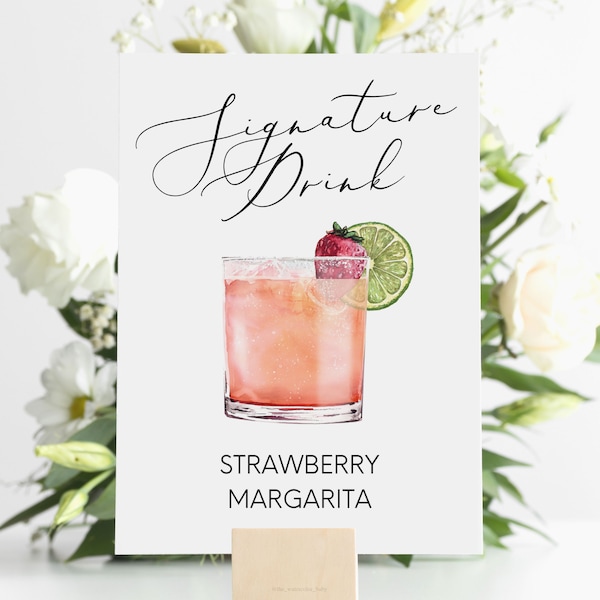 Strawberry Margarita Signature Drink Digital Print, Signature Cocktail Sign, Wedding Decor, Printable, Watercolor Cocktails, Mexican Drink