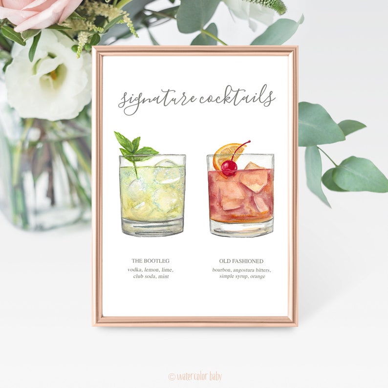Custom Signature Drinks Digital Print, Signature Cocktail Sign, Wedding Decor, Printable, Watercolor Cocktails, Made to Order image 4