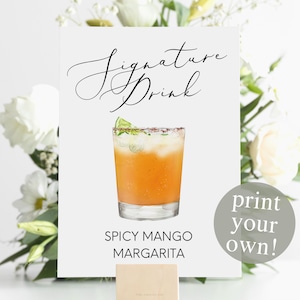 Impression numérique de la boisson signature épicée à la mangue et à la margarita, signe de cocktail signature, décoration de mariage, imprimable, cocktails aquarelle, boisson mexicaine