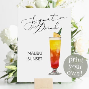 Impression numérique de boisson signature Malibu Sunset, signe cocktail signature, cocktail aquarelle imprimable mariage, signe boisson jus de rhum tropical