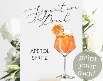 Aperol Spritz Signature Drink Digital Print, Signature Cocktail Sign, Wedding Decor, Printable, Watercolor Cocktails, Orange Spritzer Drink