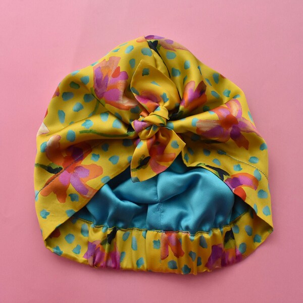 Pure silk luxury Turban Head wrap Liberty  Yellow turquoise Pink Floral daisy silk lined sleep hat bonnet fashion daywear unusual statement