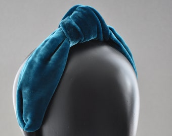 Teal Velvet Knot headband in Classic Blue  - made with silk velvet