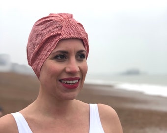 Liberty London Swim Turban: Red Ditsy Print, Retro Bathing Hat