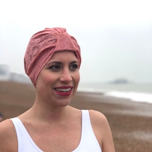 Unusual swimming hat Red ditsy print  hat Topper Swim Turban  Bathing hat Liberty Tana lawn cotton retro vintage  chic statement piece