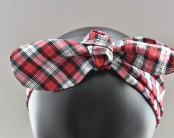 Silk and Lawn  bow headband in Liberty London Christmas Tartan Red & Black print