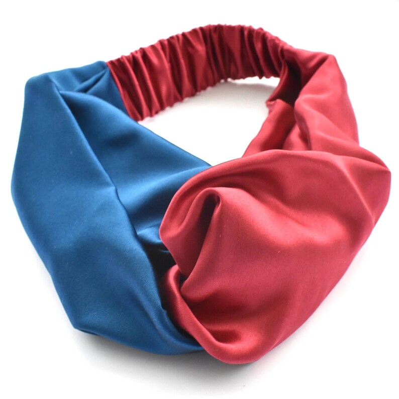 Bandeau turban réglable en soie de mûrier bleu paon et rouge rose fendu, cadeau de remplissage de bas de noël image 1