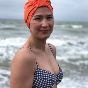 Badmössa orange ovanlig snygg vintagestil Salty Knot Topper Turban Liberty chic julklapp födelsedagspresent