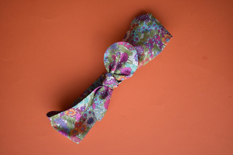 retro in foxglove floral pink purple blue flowers Liberty of London print Bow head tie and headband