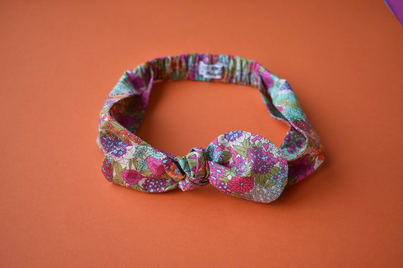 retro in foxglove floral pink purple blue flowers Liberty of London print Bow head tie and headband