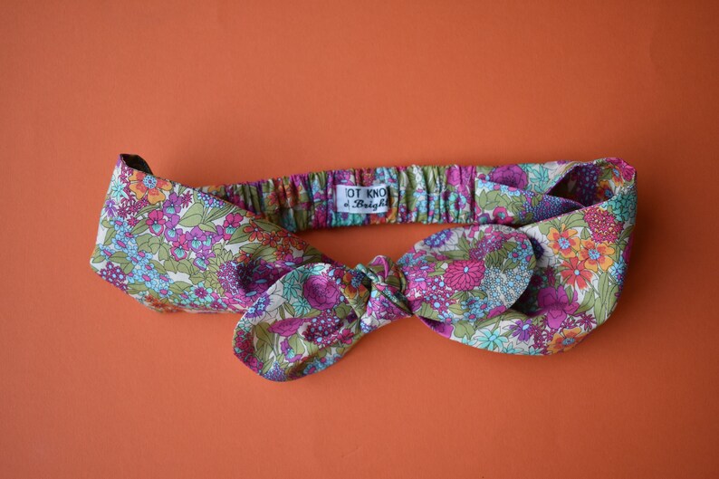retro in foxglove floral pink purple blue flowers Liberty of London print Bow head tie and headband