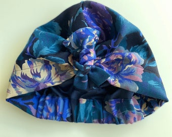 Ladies winter Turban Hat stunning large blue flowers in vintage fabric abstract print  Varuna 100% wool Sleep Hat Chemo Alopecia hair loss