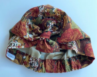 Ladies winter Turban Hat stunning autumnal colours in vintage fabric abstract print  Varuna 100% wool Sleep Hat Chemo Alopecia hair loss